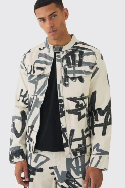 Slim Boxy Denim Graffiti Laser Print Biker Jacket | BoohooMAN UK