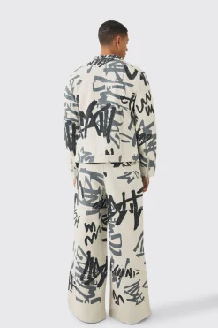 Slim Boxy Denim Graffiti Laser Print Biker Jacket | BoohooMAN UK