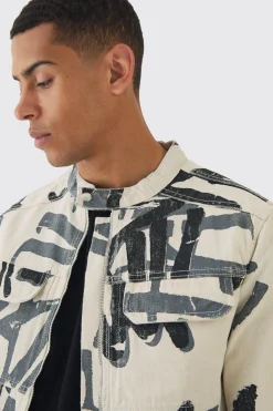 Slim Boxy Denim Graffiti Laser Print Biker Jacket | BoohooMAN UK