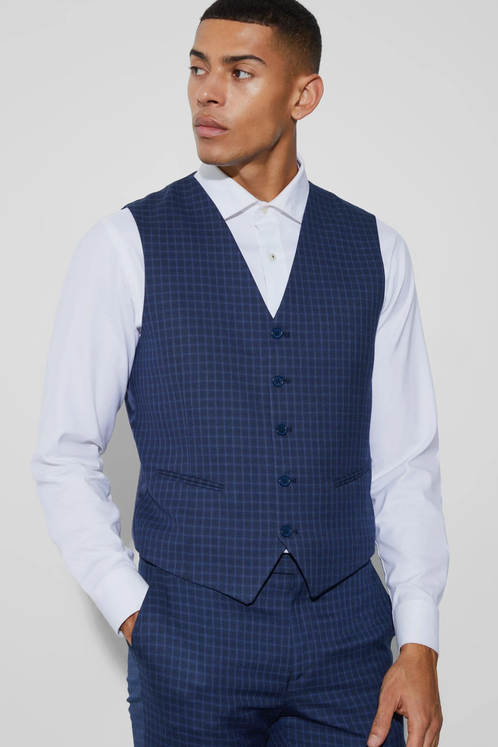 Slim Check Breasted Waistcoat | BoohooMAN UK