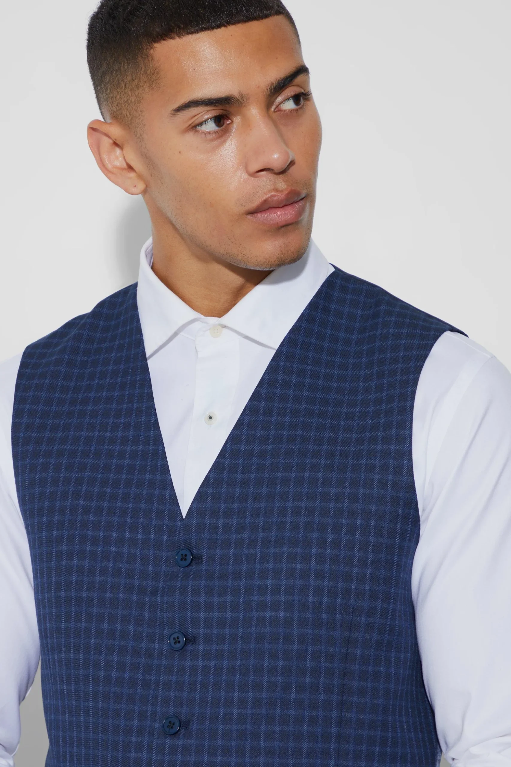 Slim Check Breasted Waistcoat | BoohooMAN UK