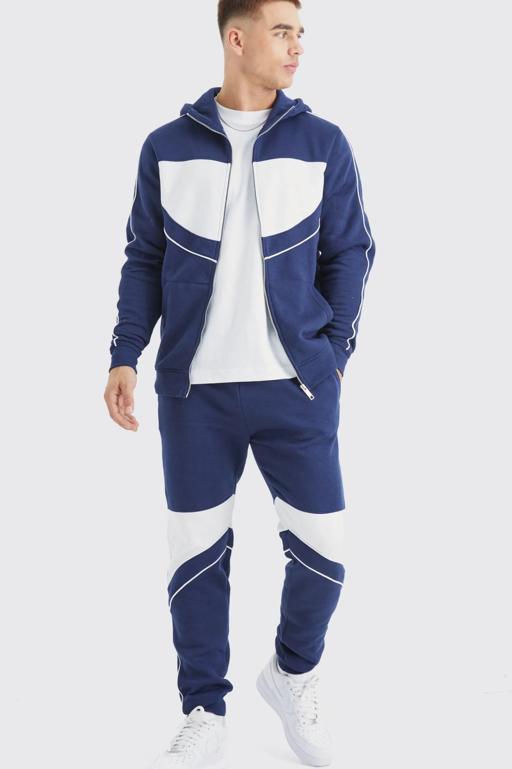 Slim Colour Block Funnel Neck Hooded Tracksuit | BoohooMAN UK