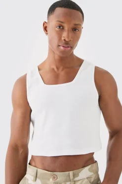 Slim Cropped Square Neck Interlock Vest | BoohooMAN UK