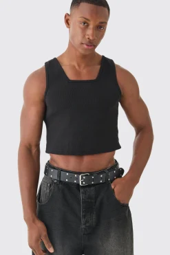 Slim Cropped Square Neck Interlock Vest | BoohooMAN UK