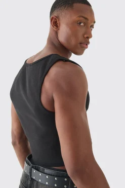 Slim Cropped Square Neck Interlock Vest | BoohooMAN UK
