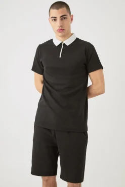 Slim Fit 1/4 Zip Polo And Short Set | BoohooMAN UK