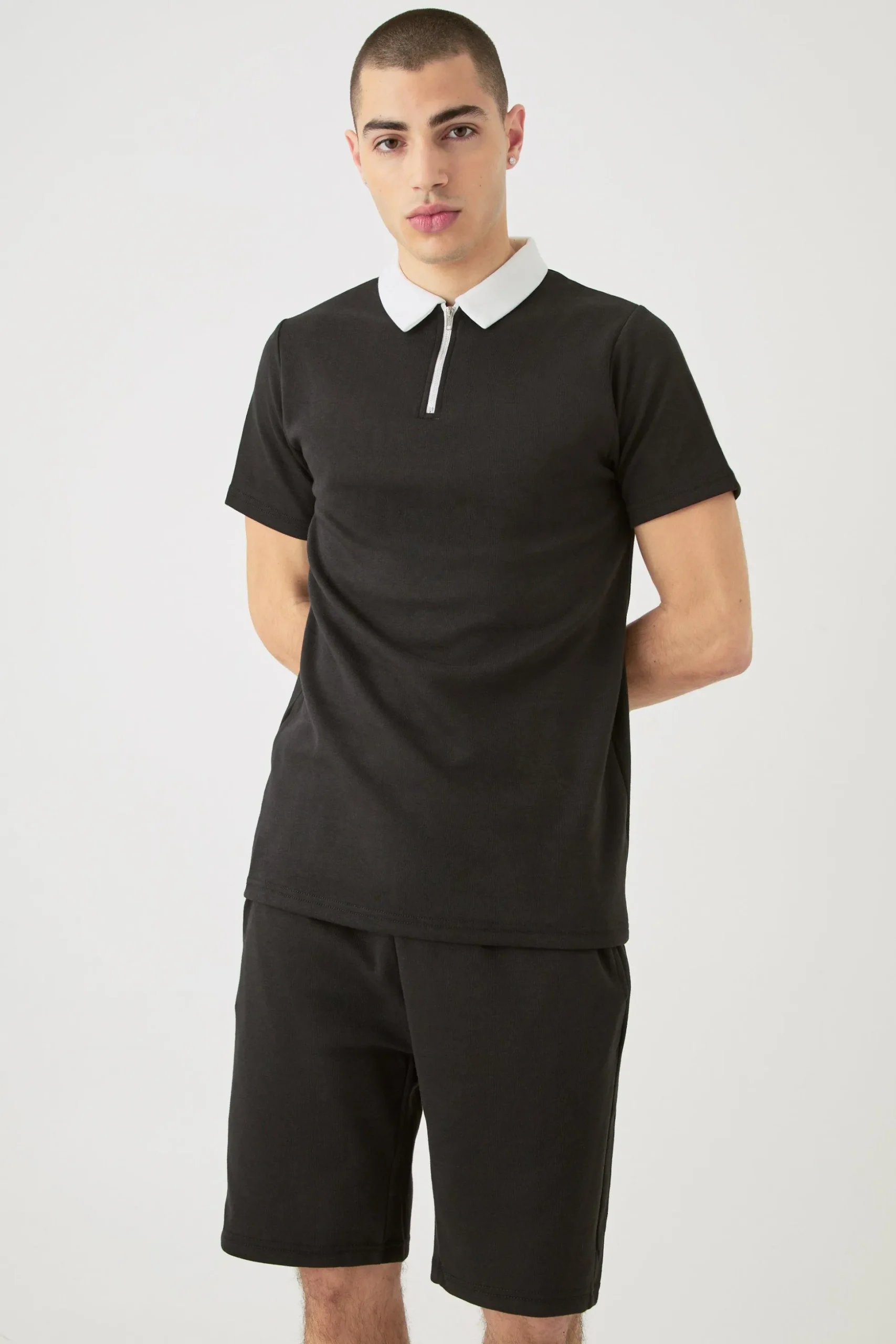 Slim Fit 1/4 Zip Polo And Short Set | BoohooMAN UK