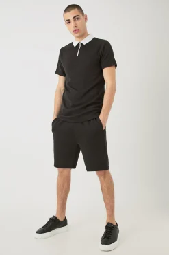 Slim Fit 1/4 Zip Polo And Short Set | BoohooMAN UK