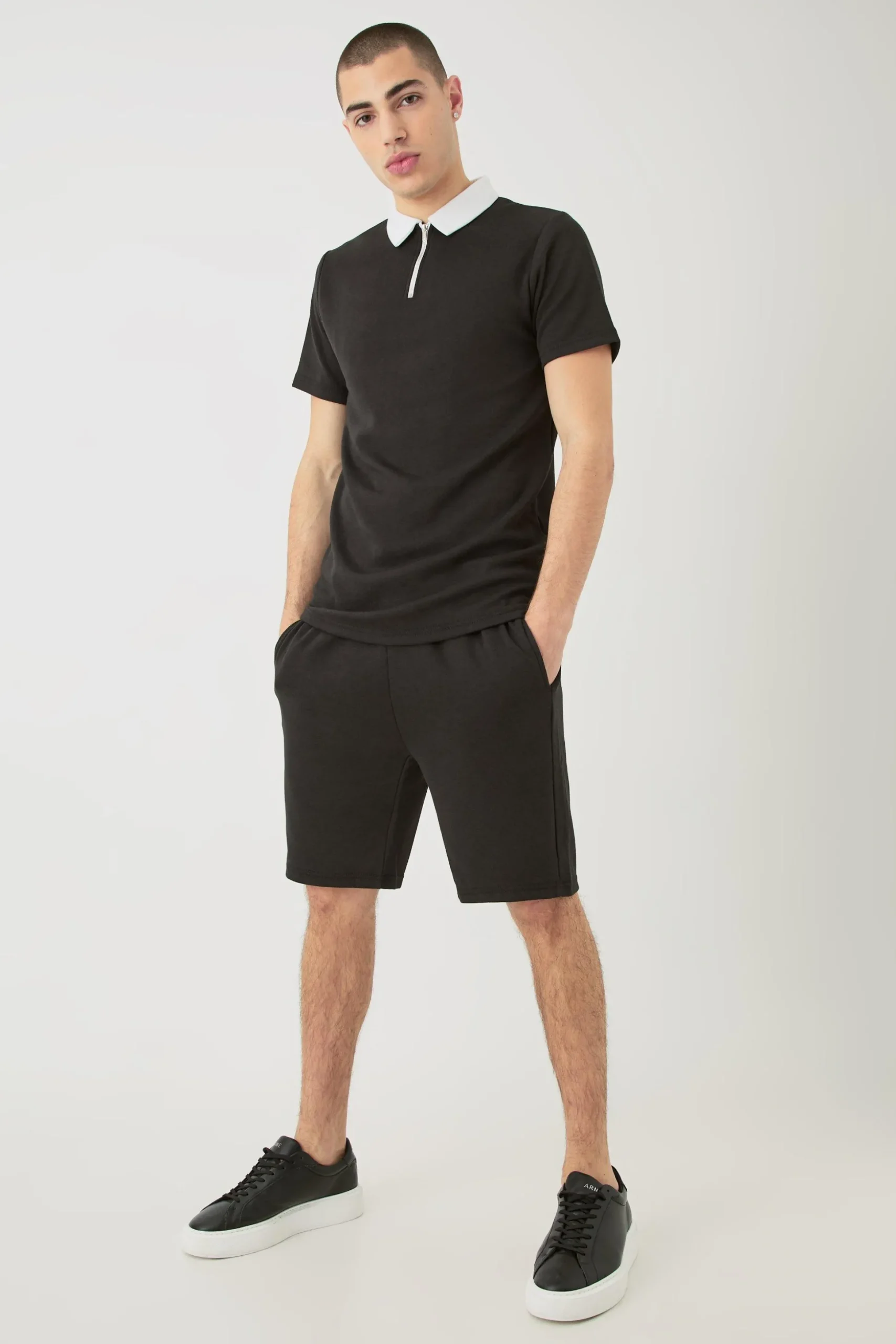 Slim Fit 1/4 Zip Polo And Short Set | BoohooMAN UK