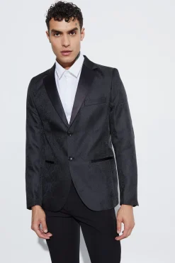 Slim Fit Contrast Lapel Jacquard Suit Jacket | BoohooMAN UK