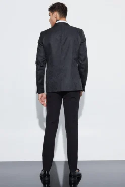 Slim Fit Contrast Lapel Jacquard Suit Jacket | BoohooMAN UK