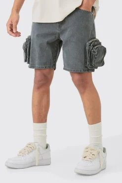 Slim Fit 3d Cargo Pocket Denim Shorts In Light Grey | BoohooMAN UK