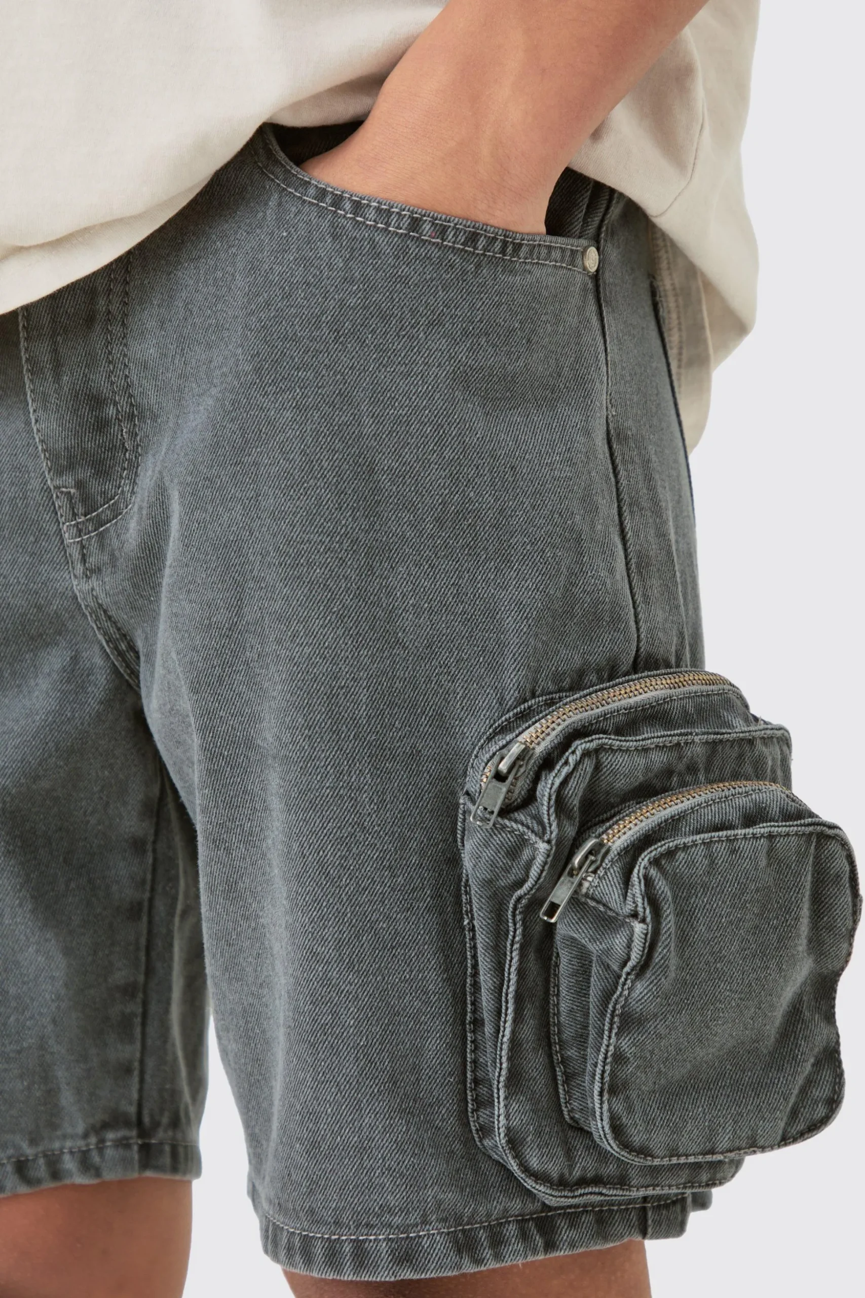 Slim Fit 3d Cargo Pocket Denim Shorts In Light Grey | BoohooMAN UK