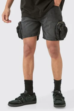 Slim Fit 3d Cargo Pocket Denim Shorts In Washed Black | BoohooMAN UK