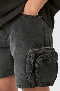 Slim Fit 3d Cargo Pocket Denim Shorts In Washed Black | BoohooMAN UK