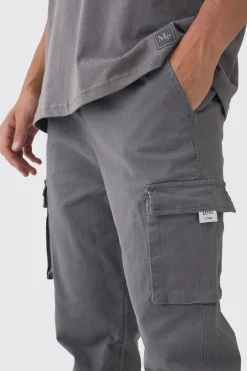 Slim Fit Elasticated Waist Woven Tab Cuffed Cargo Trousers | BoohooMAN UK