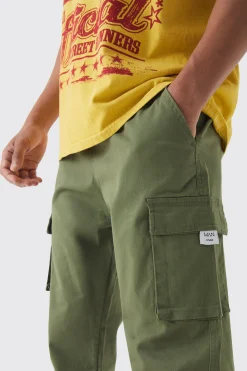Slim Fit Elasticated Waist Woven Tab Cuffed Cargo Trousers | BoohooMAN UK