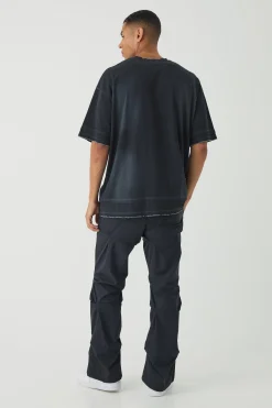 Slim Fit Flare Stacked Trousers With Ruched Detail | BoohooMAN UK