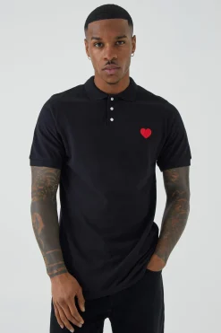 Slim Fit Heart Short Sleeve Pique Polo | BoohooMAN UK