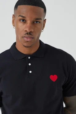 Slim Fit Heart Short Sleeve Pique Polo | BoohooMAN UK