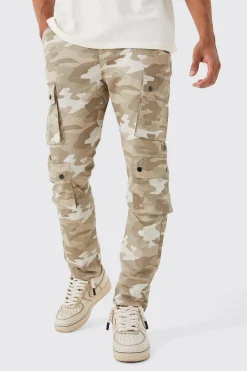 Slim Fit Multi Popper Cargo Camo Trouser | BoohooMAN UK