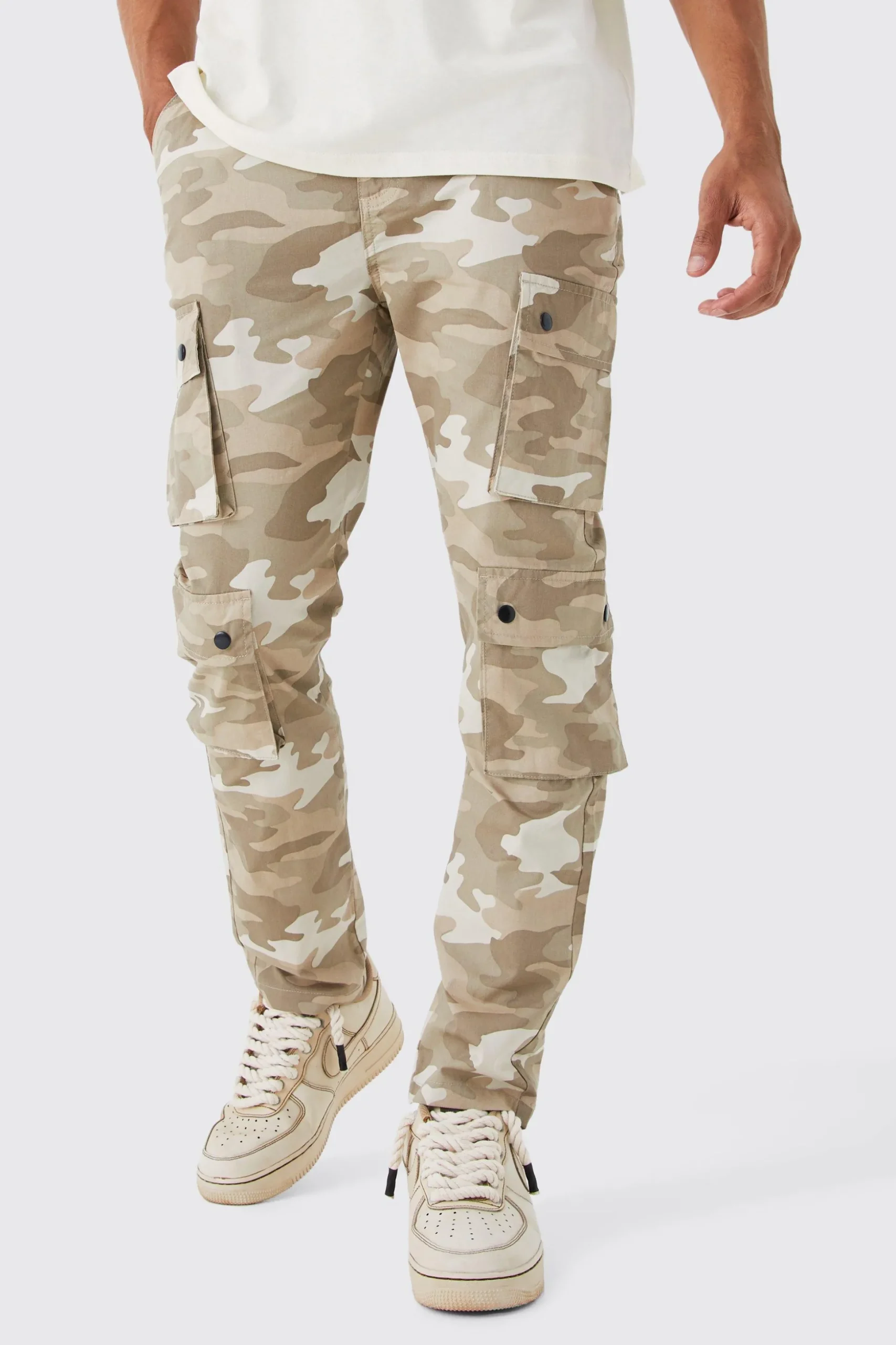 Slim Fit Multi Popper Cargo Camo Trouser | BoohooMAN UK
