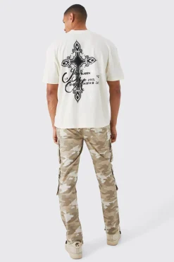 Slim Fit Multi Popper Cargo Camo Trouser | BoohooMAN UK