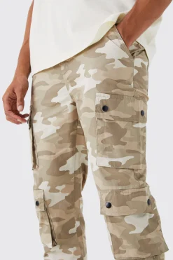 Slim Fit Multi Popper Cargo Camo Trouser | BoohooMAN UK