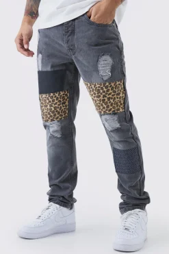 Slim Fit Patchwork Leopard Ripped Jeans | BoohooMAN UK