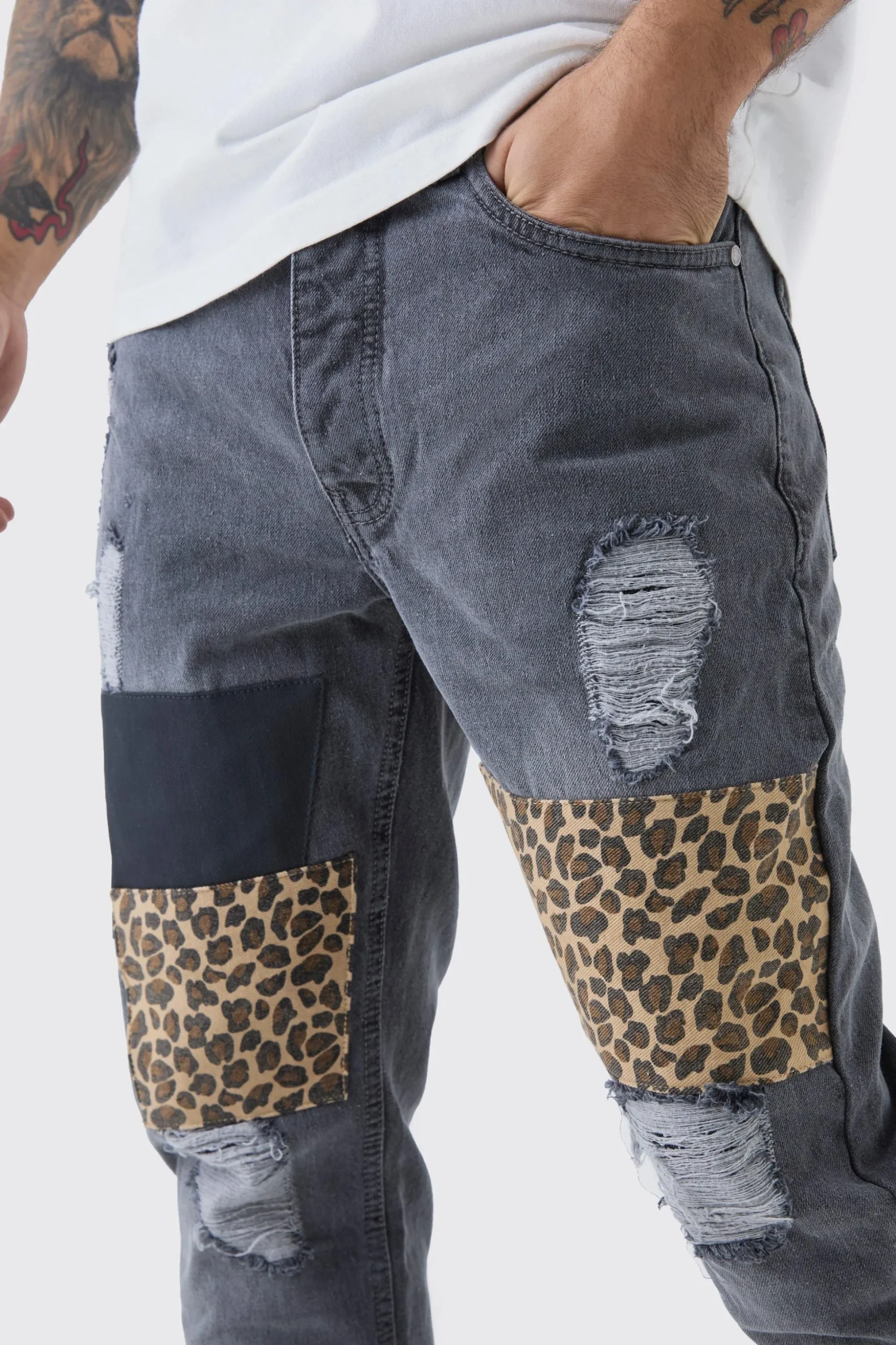 Slim Fit Patchwork Leopard Ripped Jeans | BoohooMAN UK