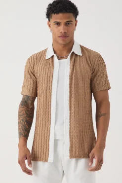 Slim Fit Textured Stripe Short Sleeve Shirt | BoohooMAN UK