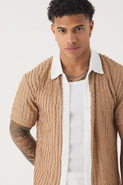 Slim Fit Textured Stripe Short Sleeve Shirt | BoohooMAN UK