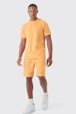 Slim Fit Towelling Piping T-shirt & Short Set | BoohooMAN UK