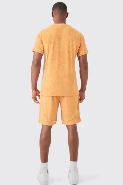 Slim Fit Towelling Piping T-shirt & Short Set | BoohooMAN UK