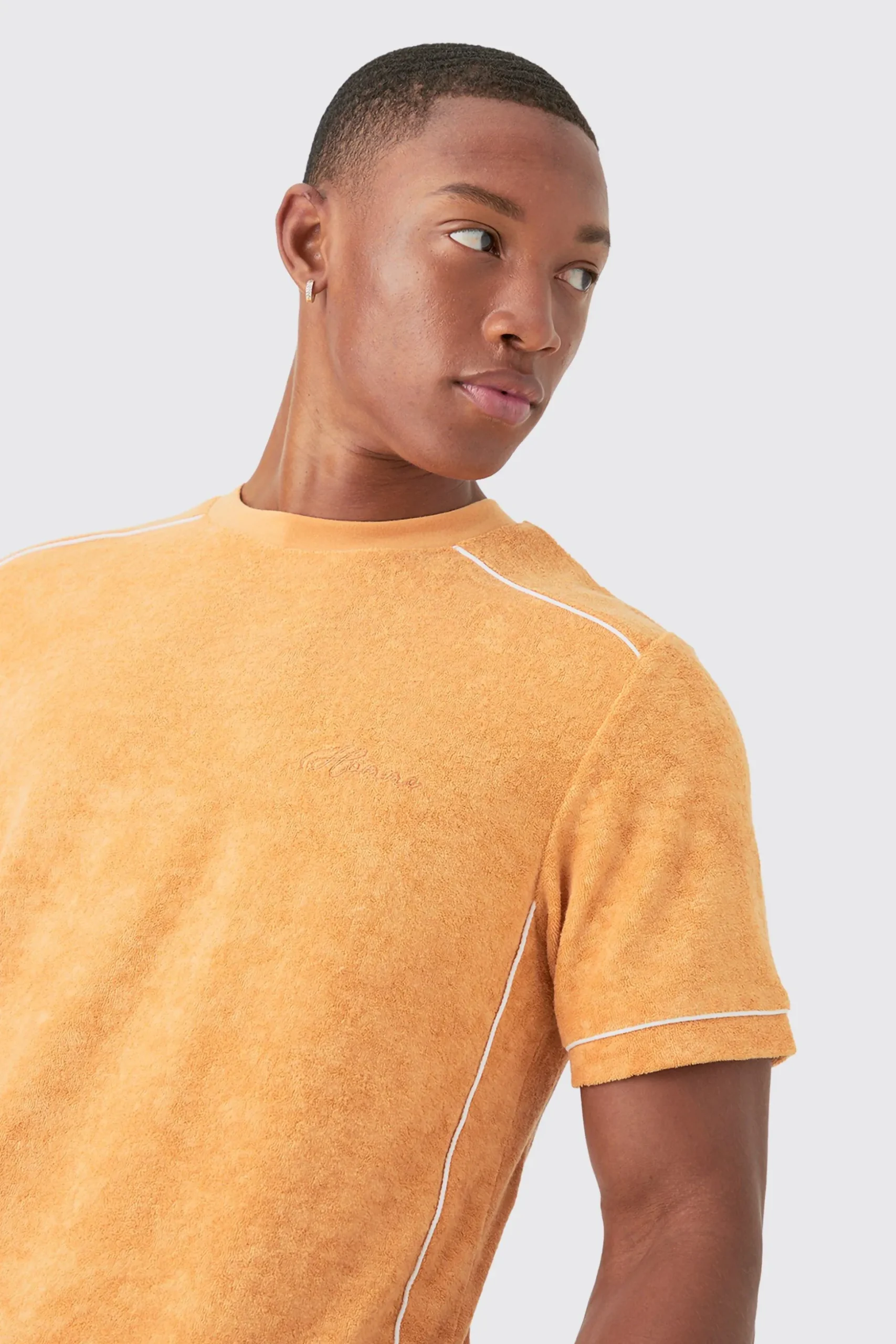 Slim Fit Towelling Piping T-shirt & Short Set | BoohooMAN UK