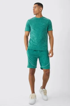 Slim Fit Towelling Piping T-shirt & Short Set | BoohooMAN UK