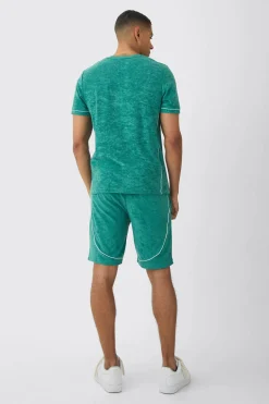 Slim Fit Towelling Piping T-shirt & Short Set | BoohooMAN UK