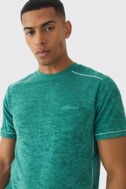 Slim Fit Towelling Piping T-shirt & Short Set | BoohooMAN UK