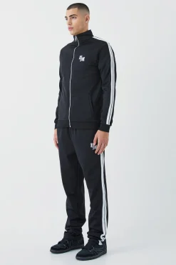 Slim Fit Tricot Side Tape Funnel Neck Tracksuit | BoohooMAN UK