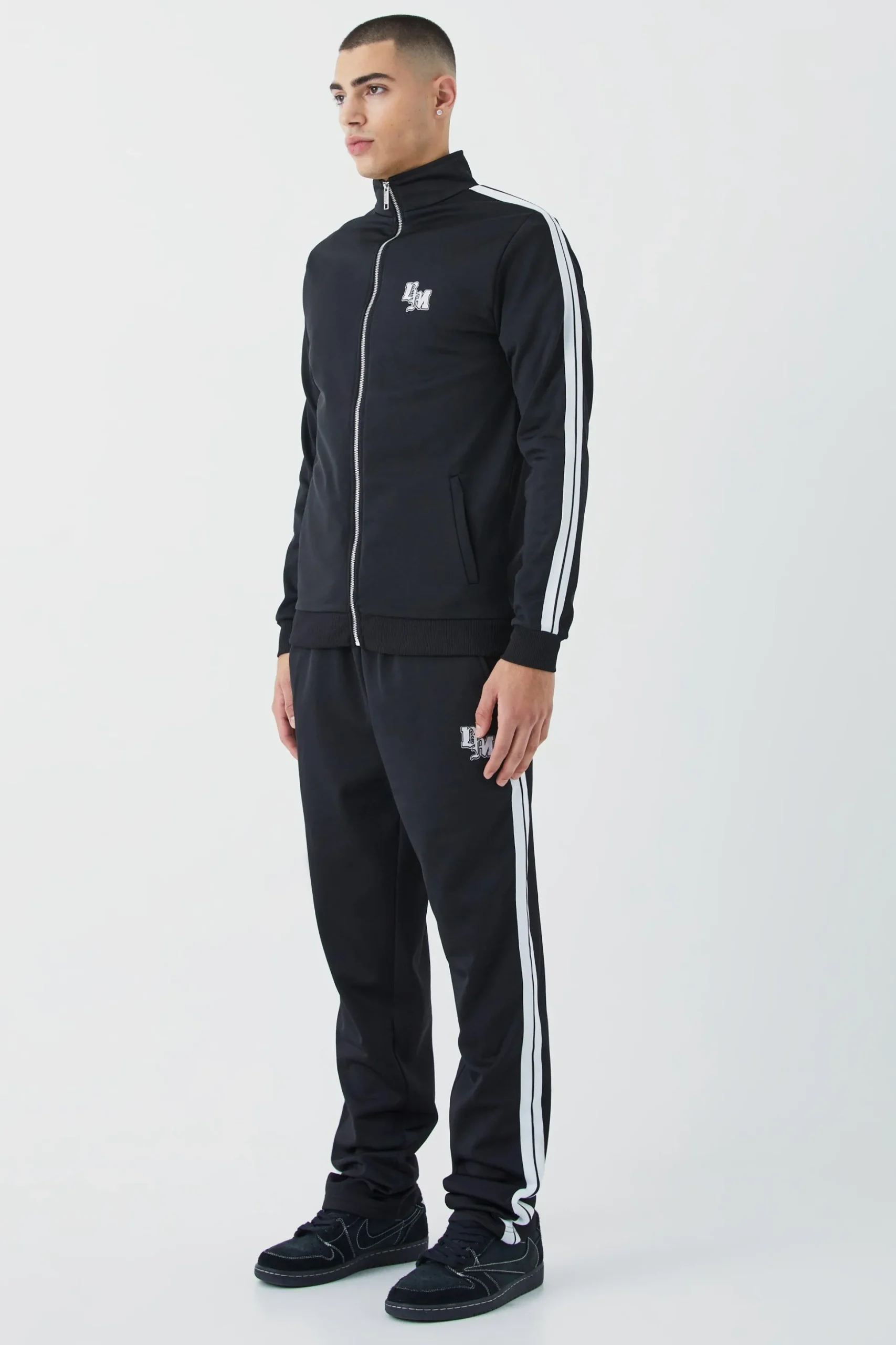 Slim Fit Tricot Side Tape Funnel Neck Tracksuit | BoohooMAN UK