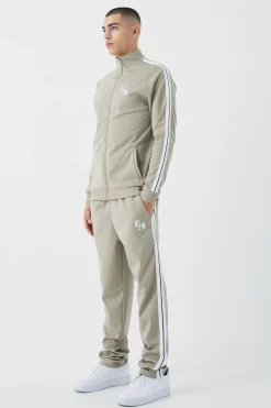 Slim Fit Tricot Side Tape Funnel Neck Tracksuit | BoohooMAN UK