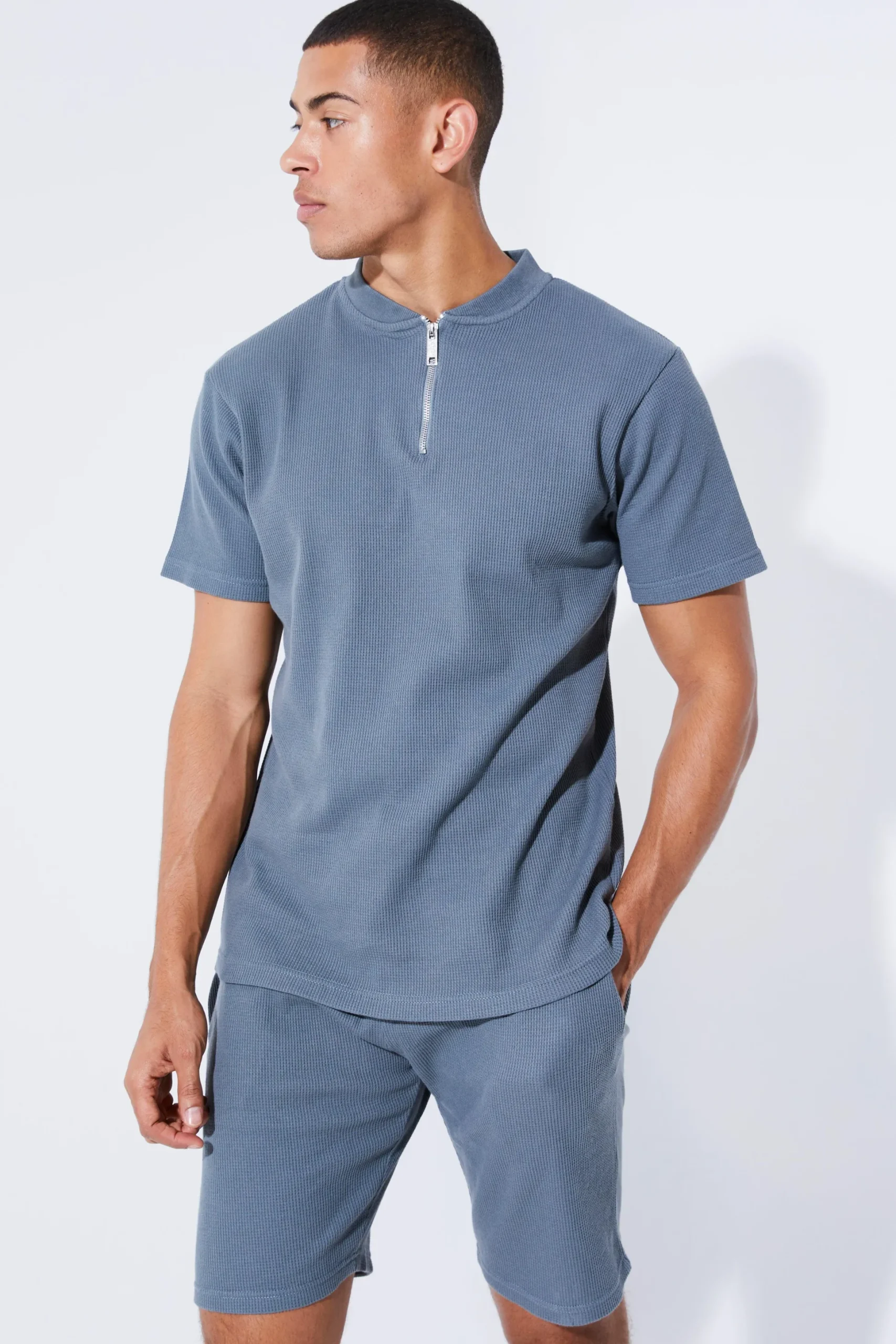Slim Fit Waffle Bomber Neck Polo & Short Set | BoohooMAN UK