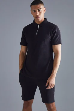 Slim Fit Waffle Polo & Short Set | BoohooMAN UK