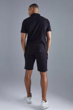 Slim Fit Waffle Polo & Short Set | BoohooMAN UK