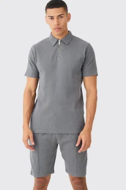 Slim Fit Waffle Polo & Short Set | BoohooMAN UK