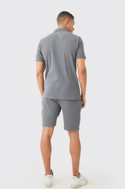 Slim Fit Waffle Polo & Short Set | BoohooMAN UK
