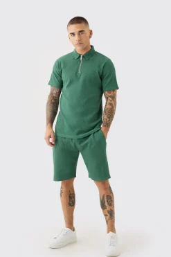 Slim Fit Waffle Polo & Short Set | BoohooMAN UK