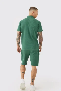 Slim Fit Waffle Polo & Short Set | BoohooMAN UK