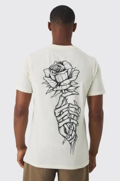 Slim Fit Washed Rose Line Drawing Back Print T-shirt | BoohooMAN UK