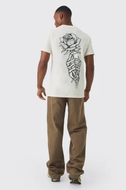Slim Fit Washed Rose Line Drawing Back Print T-shirt | BoohooMAN UK